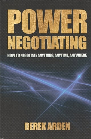 Book cover for Power Negotiating by Derek Arden with gold lettering on dark background and blue light effects
